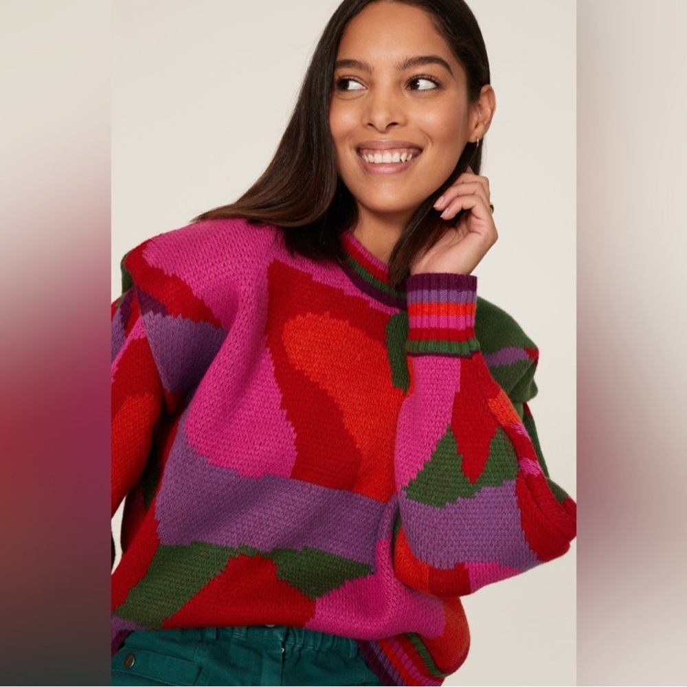 farm rio colorful abstract sweater - merino wool blend pink red green - XS/S euc - Picture 3 of 11